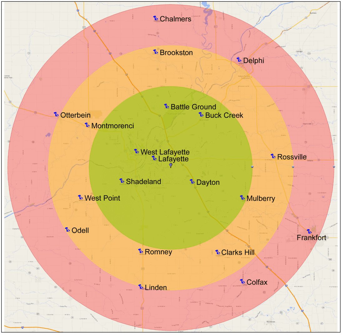 Map showing concentric circles centered on west lafayette with towns like dayton, mulberry, and frankfort marked, indicating range or zones.