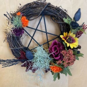 Floral pentagram wreath, autumn colors.