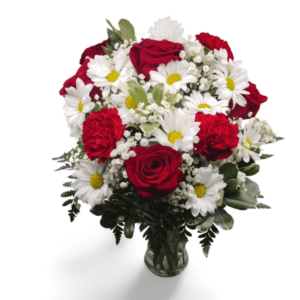 Red roses and daisies bouquet.