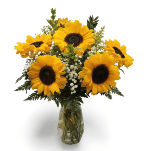 Vase of sunflowers in a glass vase.
