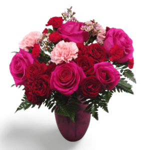 Pink and red roses and carnations bouquet.