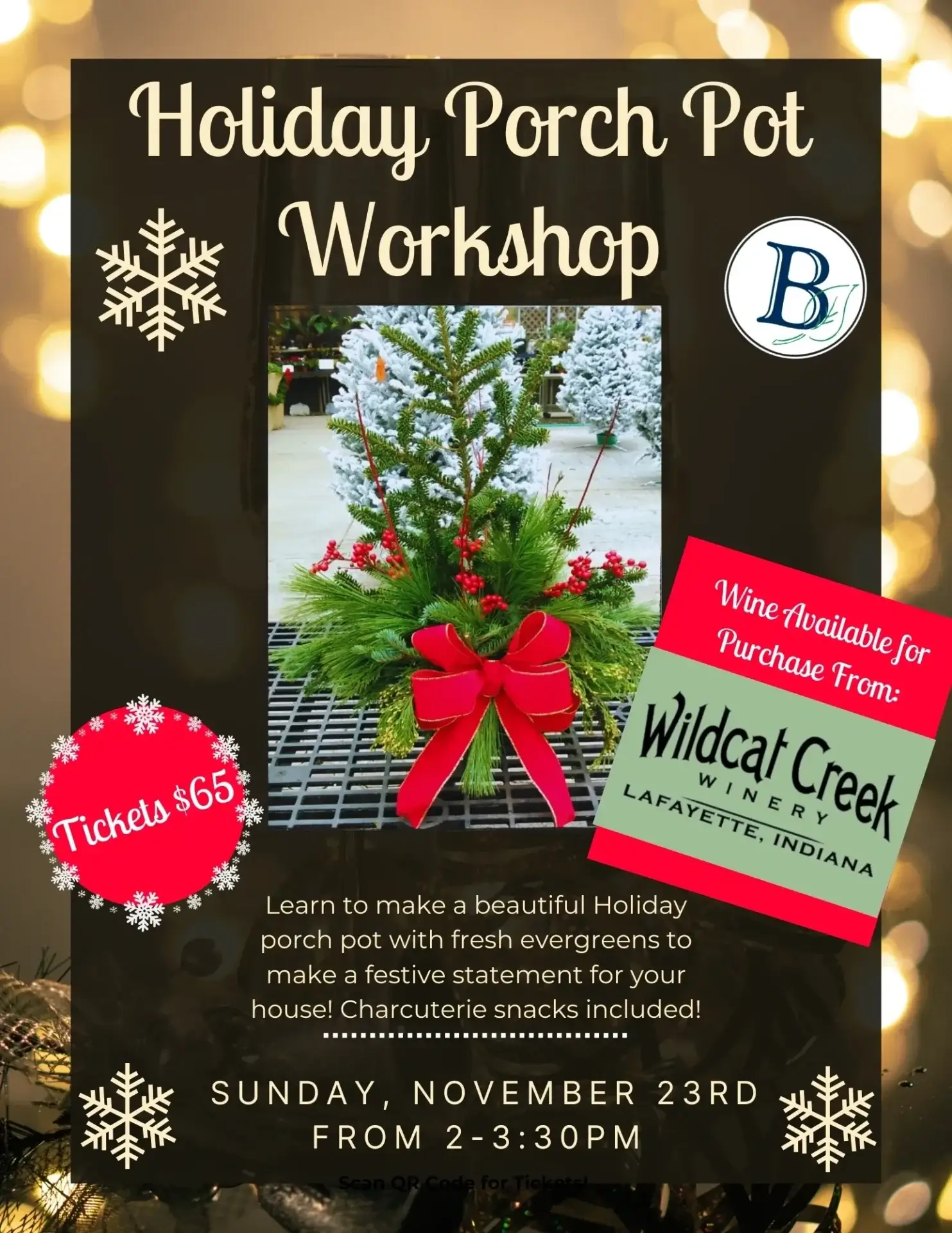 Holiday porch pot workshop event flyer.