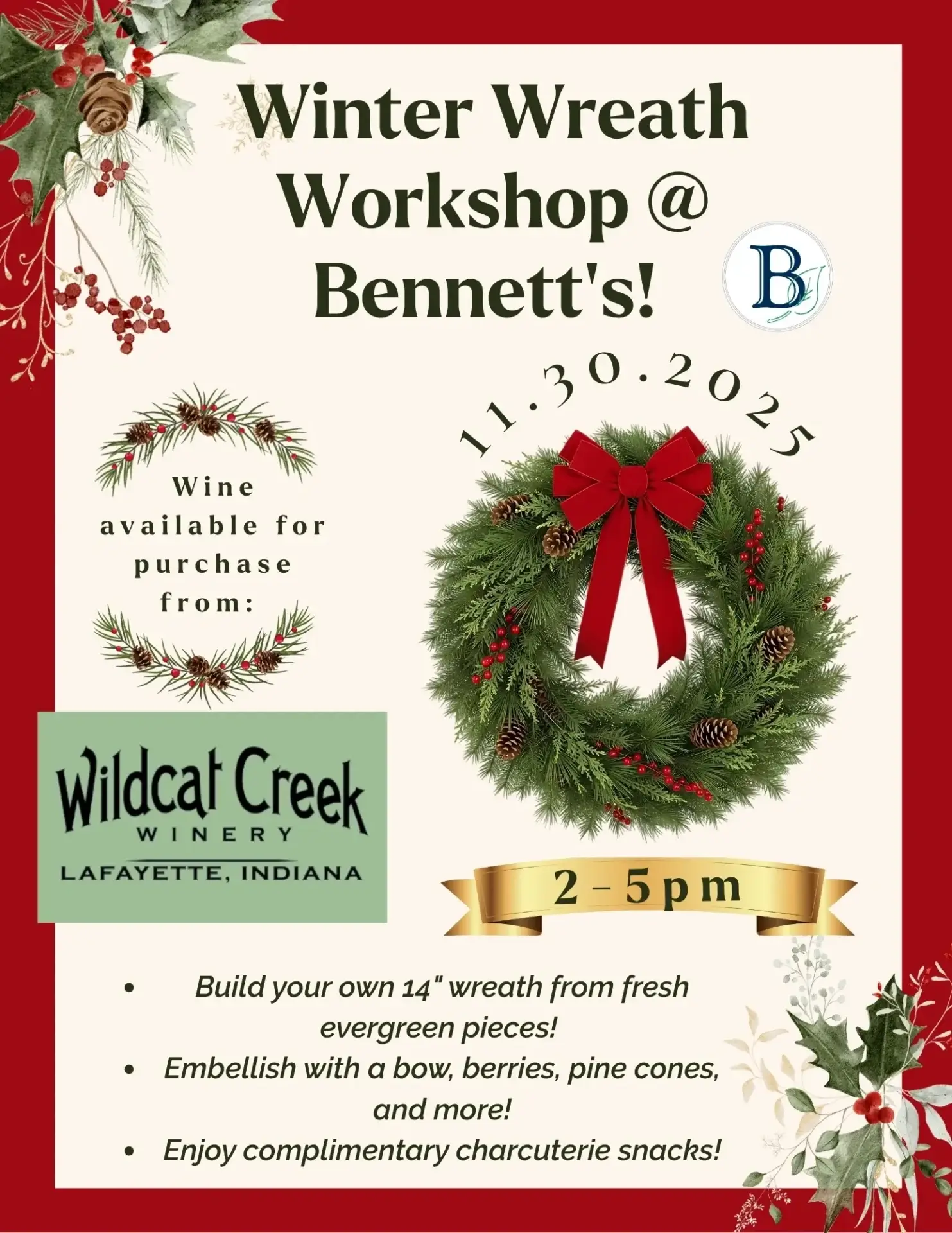 Winter wreath workshop invitation with festive decorations.